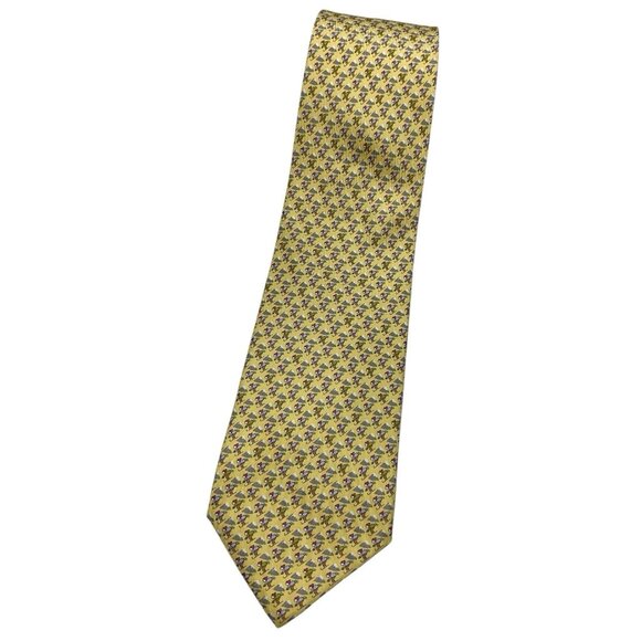 SALVATORE FERRAGAMO Men's 100% Silk Necktie LUXURY Yellow Skiing W:3.7" EUC - Picture 1 of 4